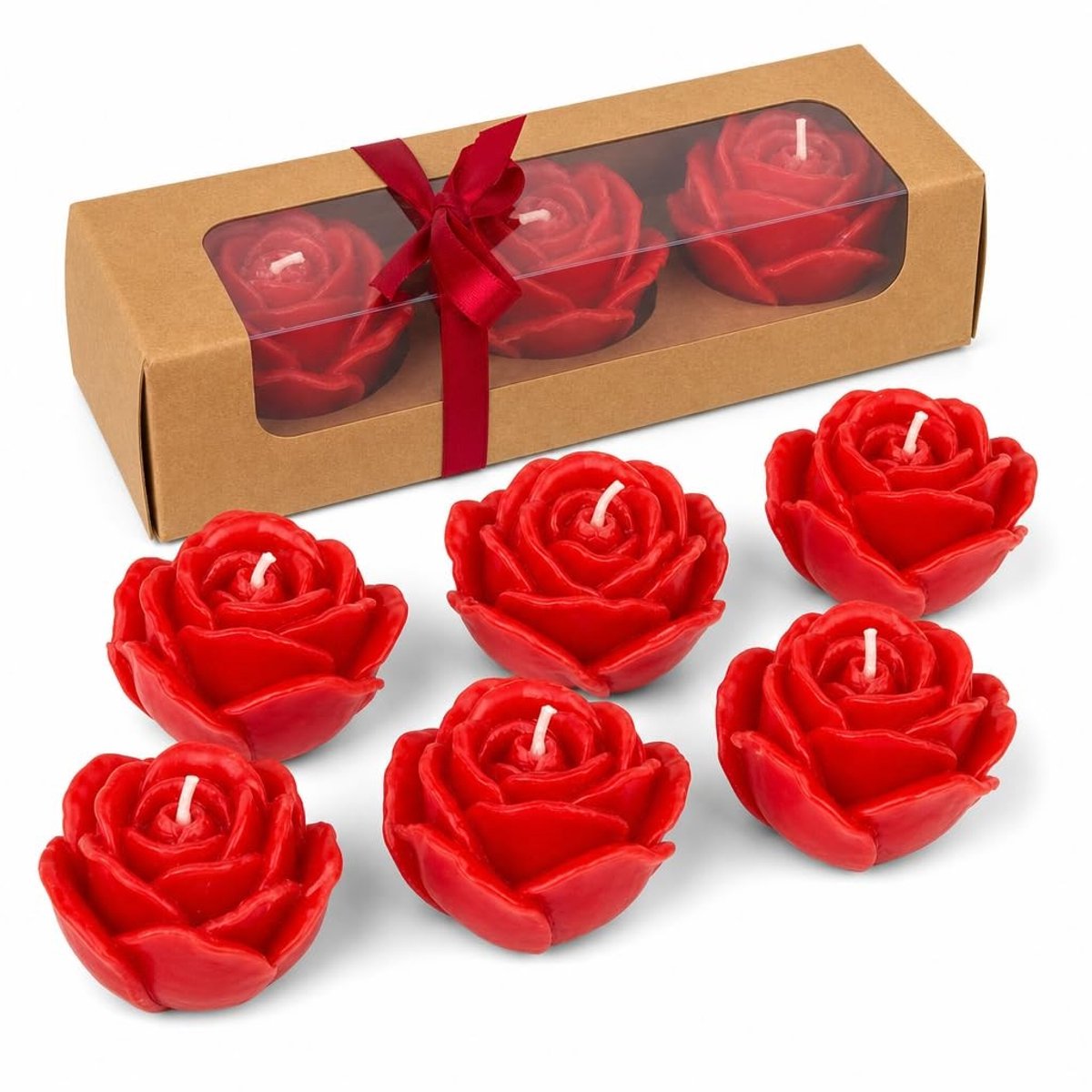 JHUBERS- Rozenkaarsen Set van 6 - Geurvrij - Decoratie voor Romantische Gelegenheden - Elegante Verpakking - Sfeervol Licht - Hoogwaardige Afwerking - Decoratieve Kaarsen