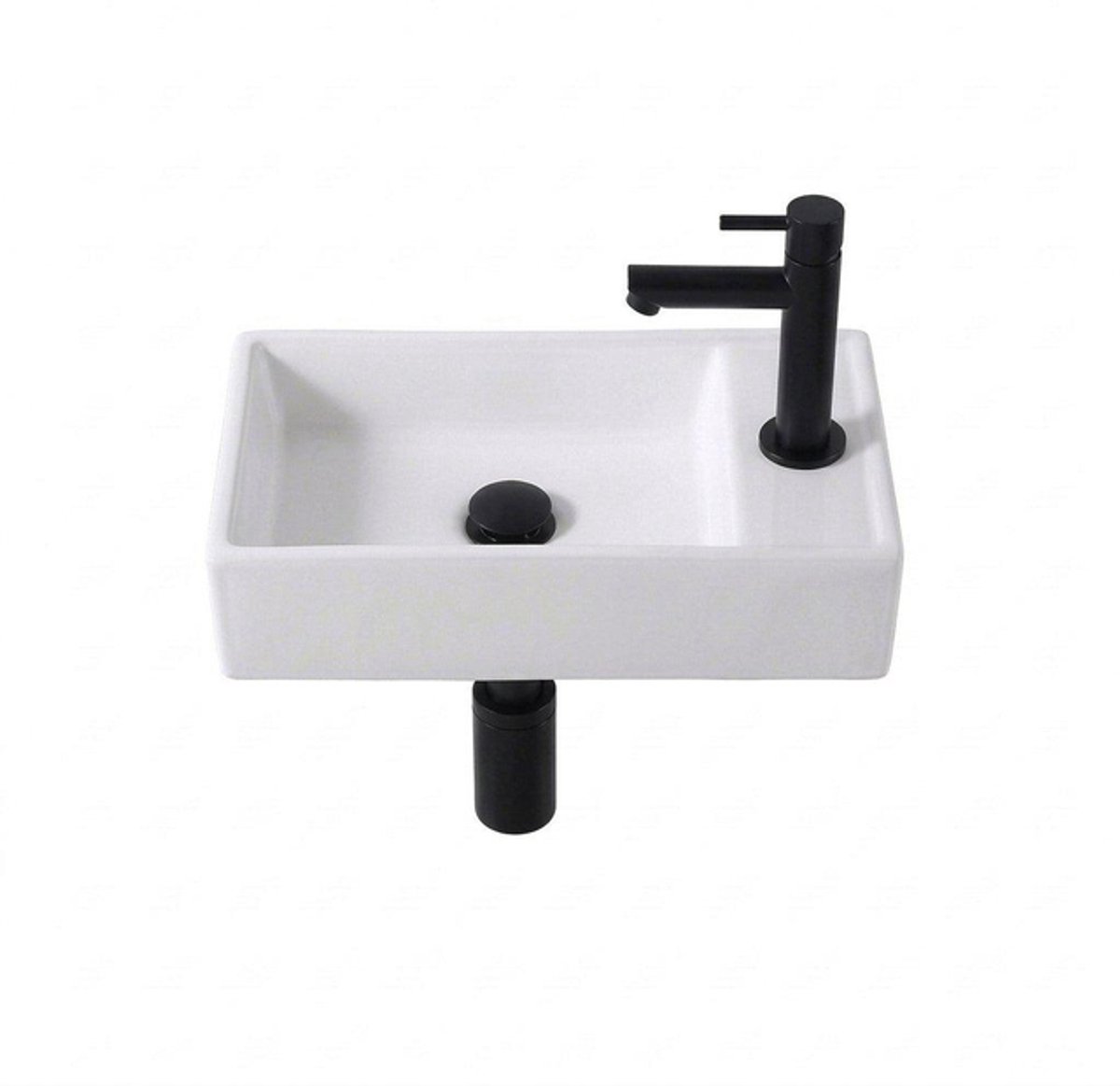 Adema Fuente Fonteinset - 41x22x10cm - keramiek - kraangat rechts - fontreinkraan mat zwart - afvoerplug - verlaagd sifon - glans wit