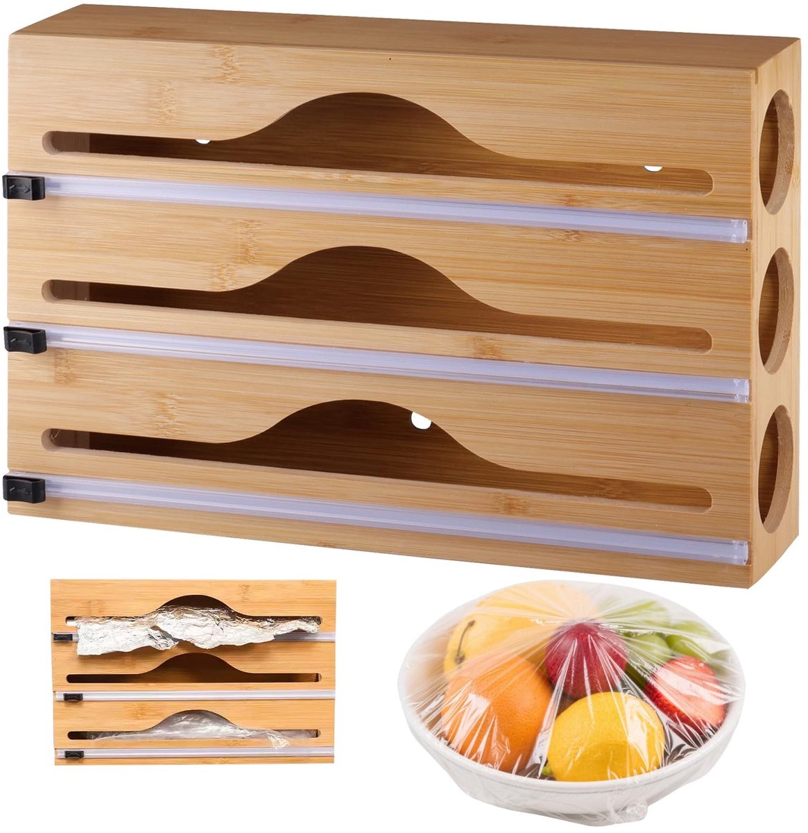 BRENZOOS- Foliehouder 3-in-1 Design - Keukenrolhouder - Foliedispenser - Foliesnijder - Houten/Bamboe - 34x23x7 cm - Folie Dispenser