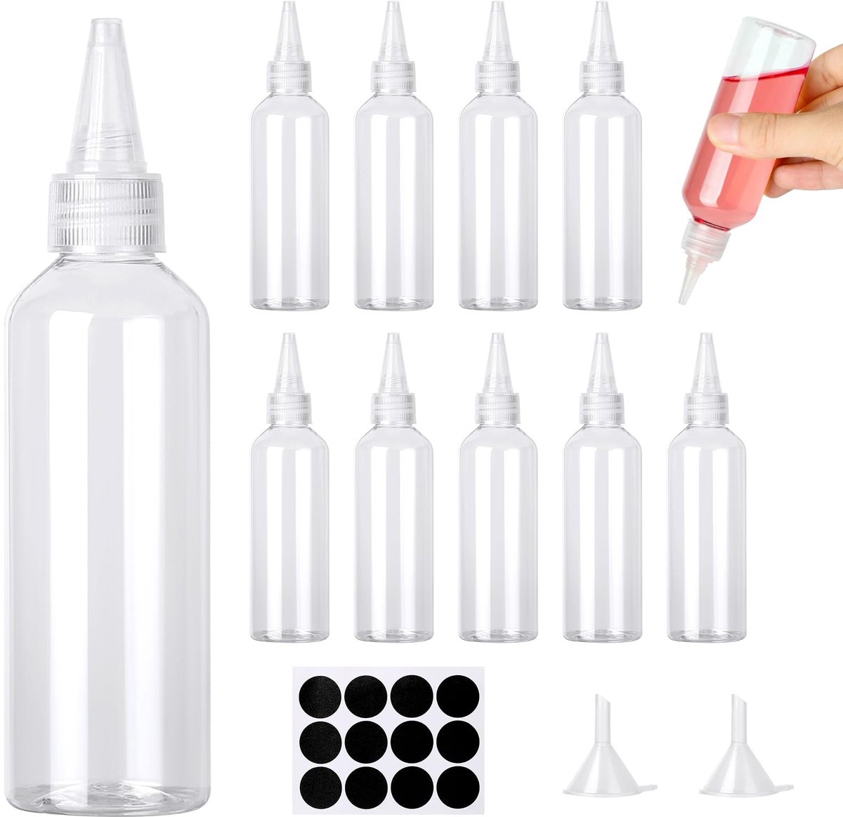 BRENZOOS- Squeeze Fles 100ml - 12 Stuks - Plastic - Antilek - Inclusief Trechter - Voor Ketchup/Mosterd/Sauzen - Sauzenfles