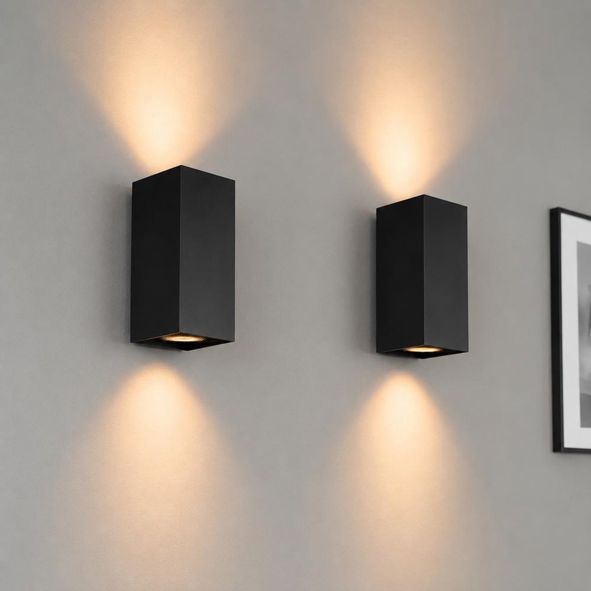 HOFTRONIC – Set van 2 wandlampen rechthoekig – Up and downlight – Dimbaar tot 10 watt – GU10 fitting – Mat zwart aluminium – IP20 – Binnengebruik