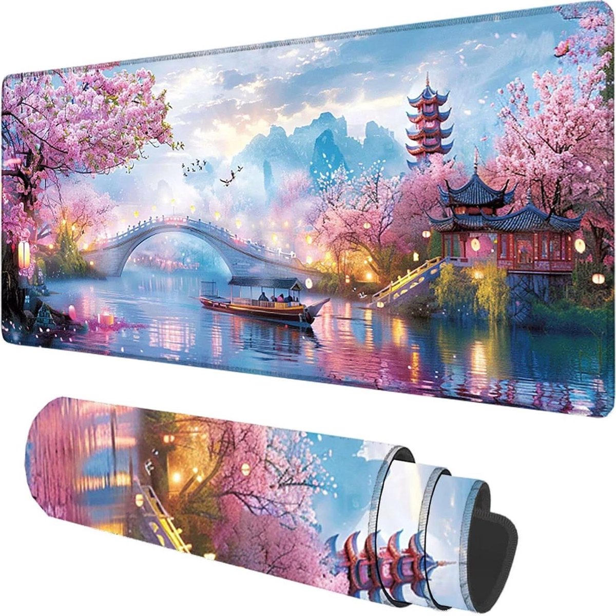 Grote muismat - Bureauonderlegger - Gaming en werk - Naad versterkte randen - 150x80 cm - Roze kersenbloesem