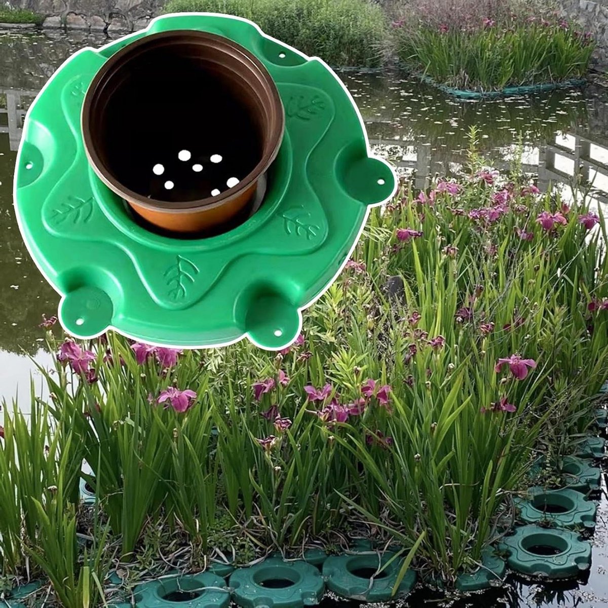 Drijvende mand - Vijverpot planten - Vijver verfraaien - UV-bestendig materiaal - 33 cm diameter - Groen