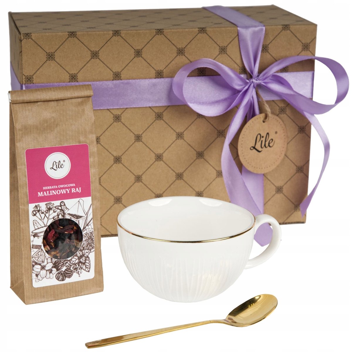 Thee- en koffieset: porseleinen kopje, gouden lepel en fruitige thee