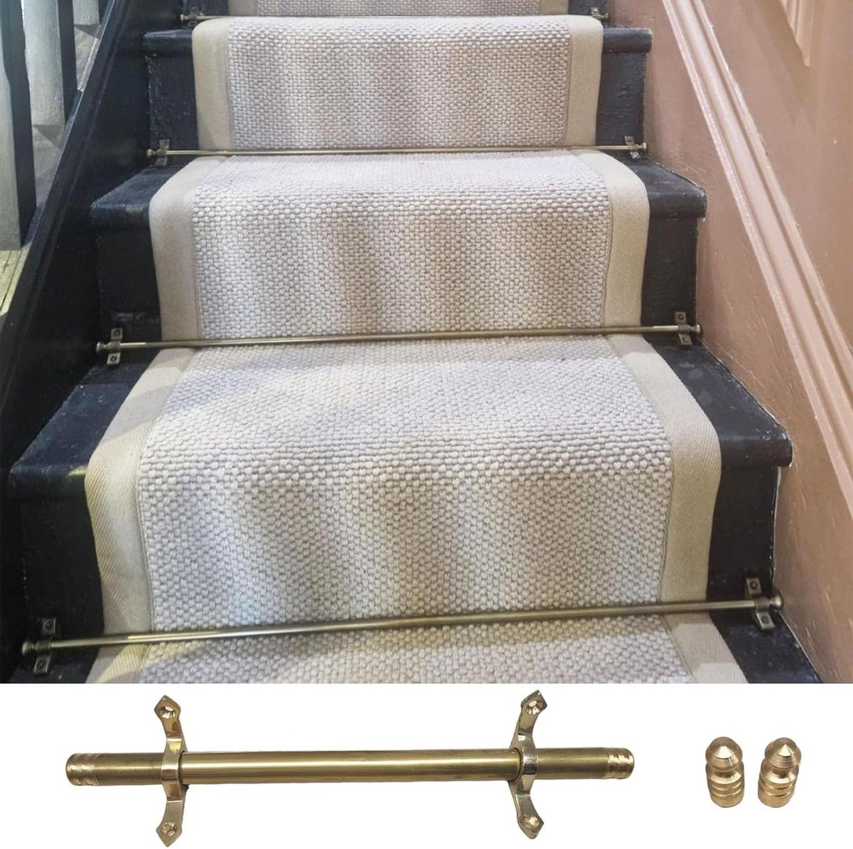 Tapijtstang Set - Traploper Roede - Trap Decoratie - 100% Messing - 86 cm - Messing Kleur