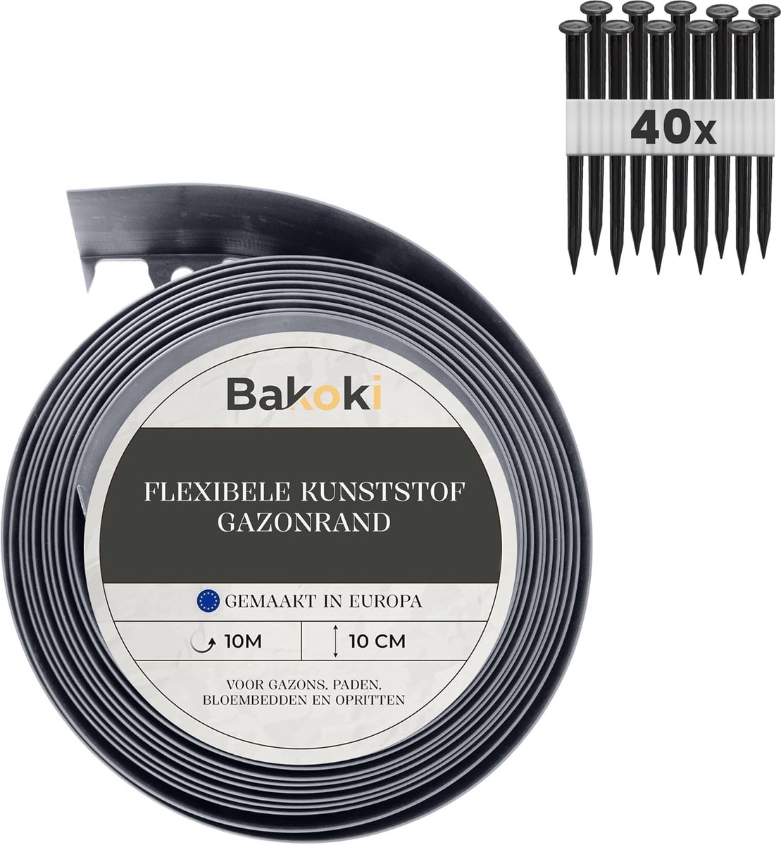 Flexibele gazonrand - Tuinrand bloemborder - Tuin afscheiden - Inclusief 40 grondankers - 10 meter 10 cm - Grijs