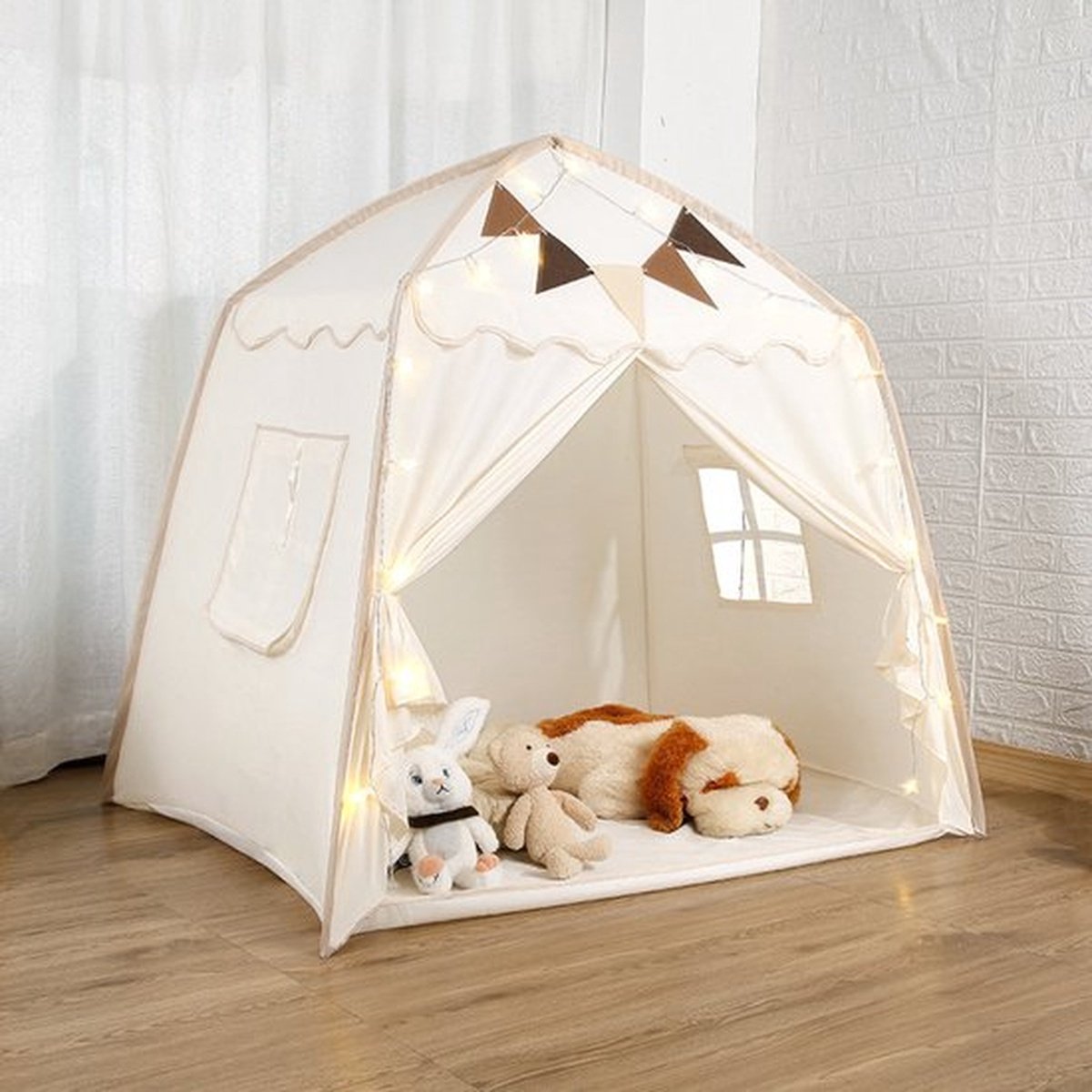 Kinder Speelgoed Tenten En Peuter Bed Tenten, Met Vlaggen, Ster Lichten, Draagbare Tenten Voor Jongens En Meisjes, Indoor En Outdoor Conische Tenten, Game Huizen (Beige)