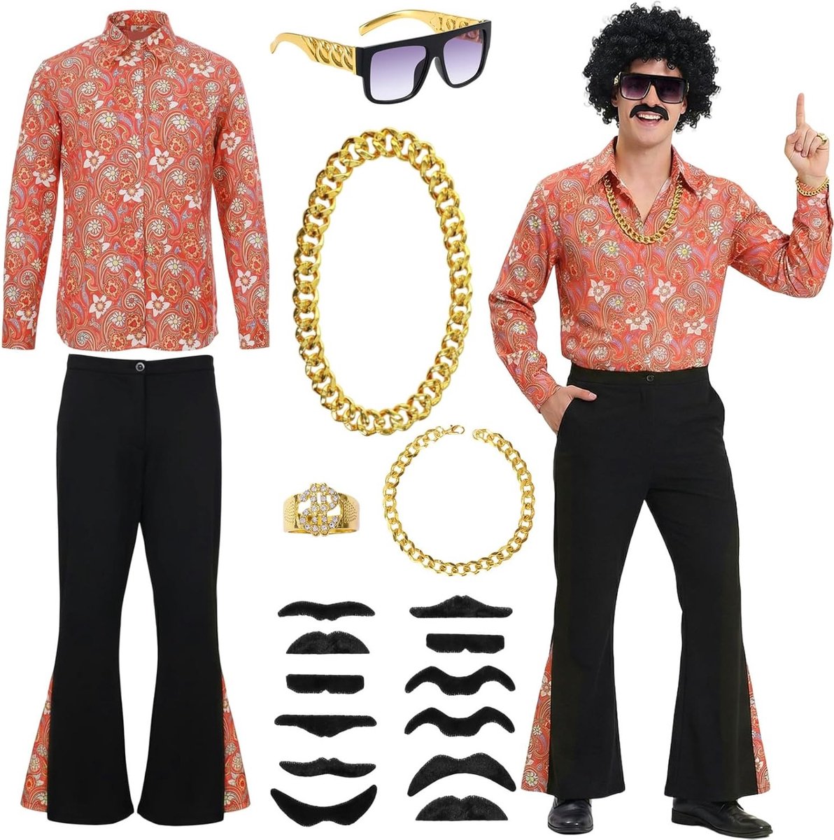 Hippie Kostuum Set voor Mannen met 18 Stukken - 70s Disco Outfit voor Raveparty en Carnaval