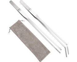 Aquarium Tweezetter Set met Flanellen Tas - 2 Stuks RVS Recht en Gebogen - Ideaal voor Aquascaping, Planten en Voeren in Zoet- en Zoutwater (27cm)