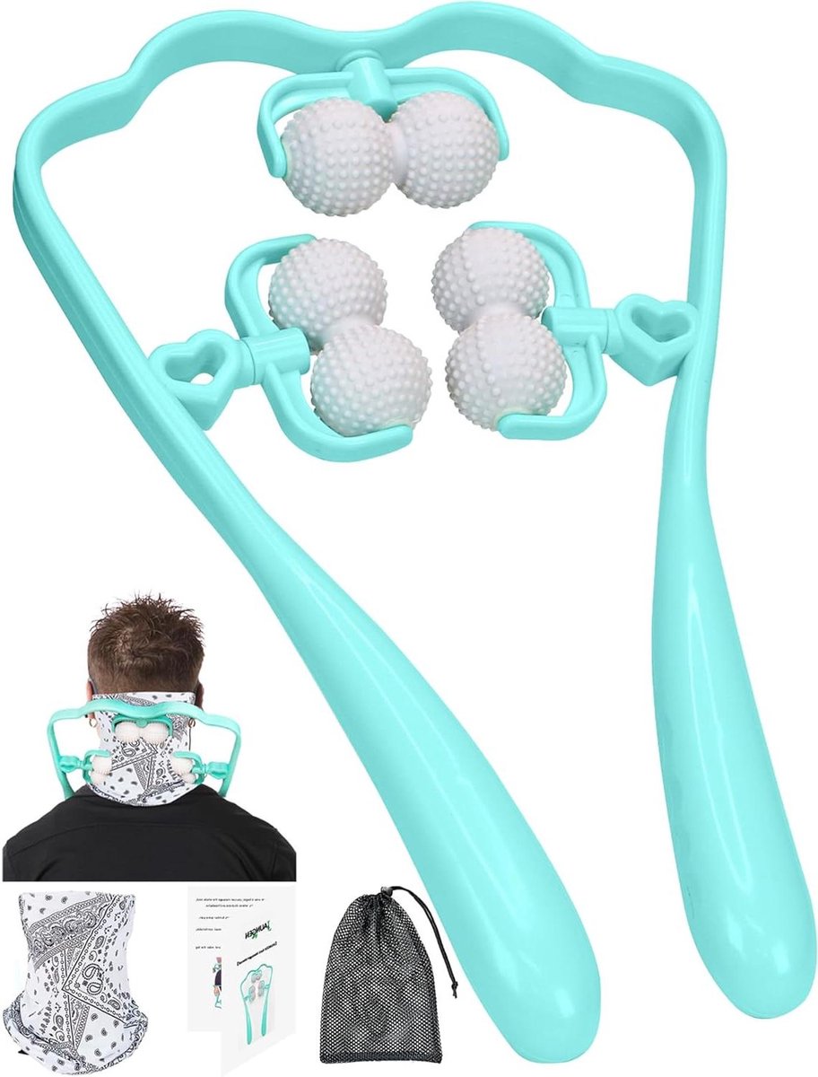 Nekmassageapparaat Handmatig - Schouderroller Rugroller - Spierpijn Verlichten - 6 Massage Ballen - 33.02 cm - Blauw