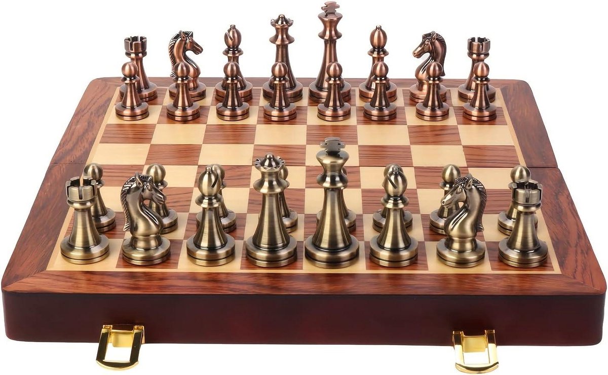 Metalen Schaakspel - Opvouwbaar Bord - Strategisch Spel - Verzwaarde Stukken - 38 cm - Brons