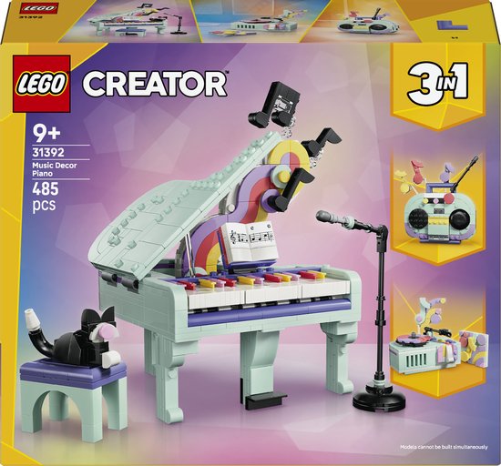 LEGO Creator 3in1 Muziek Decor Piano 31392 set met een mintgroene vleugel, radio en platenspeler.