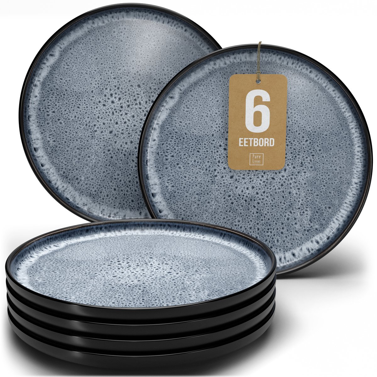 Pure Living Set Van 6 Dinerborden - Ø 26 cm - Rookblauw - Aardewerk - Vaatwasserbestendig - Magnetronbestendig - Ibiza Dark
