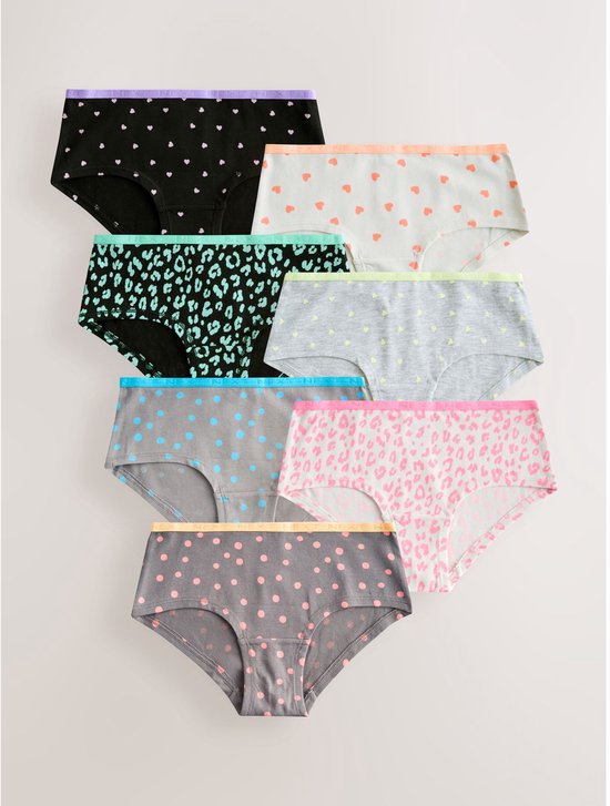 Set van 7 hipsters: zwarte met hartjes, leopardprint blauw/zwart, grijze met stippen blauw, roze leopardprint, grijze met stippen roze, grijze met hartjes geel, mint met hartjes oranje.