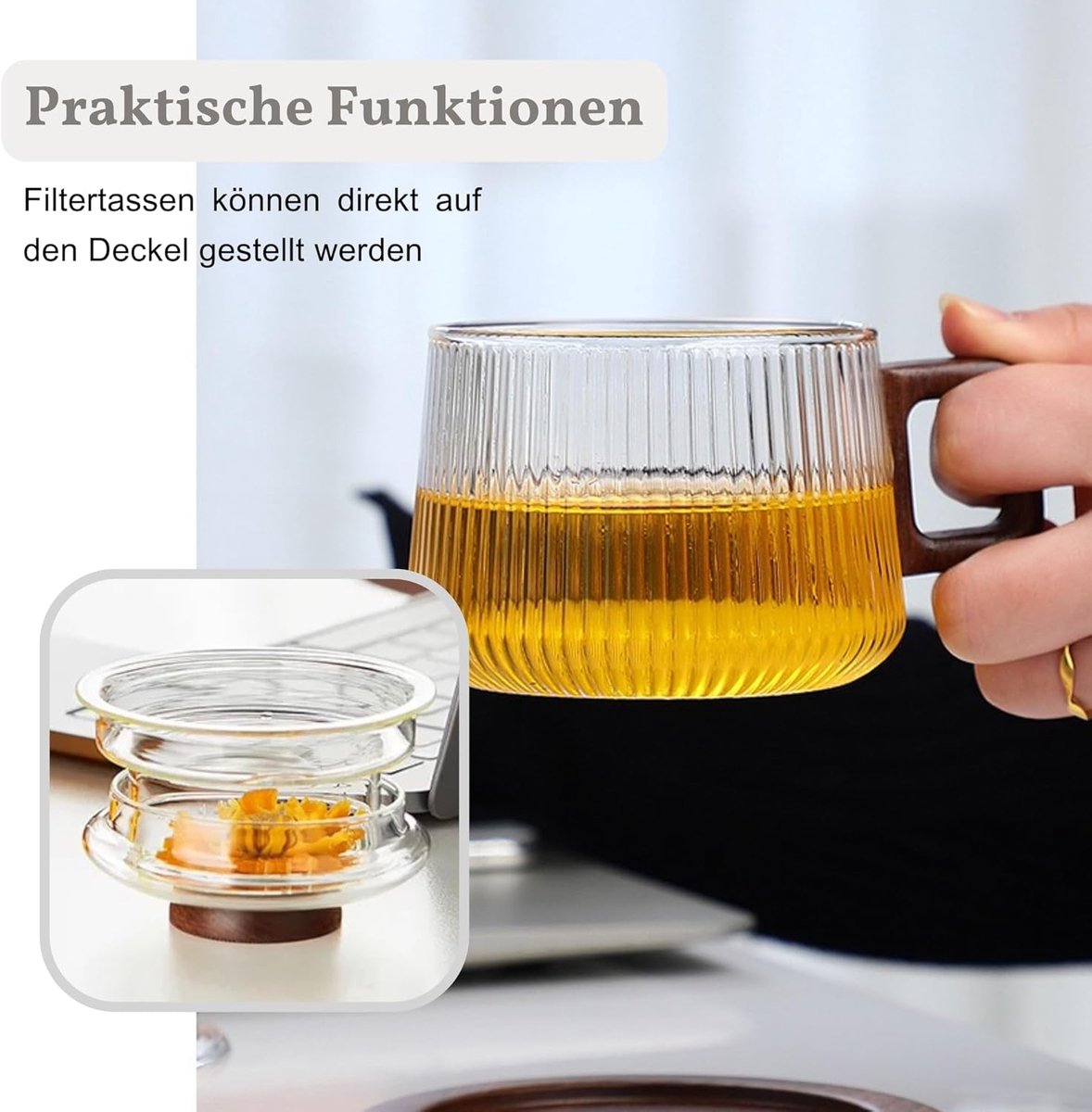 Glazen Theeglas - Theebeker met Zeef - Thee Zetten - Anti-scald Handvat - 200 ml - Transparant Gestreept — cadeau in Kookcadeaus - foto 7