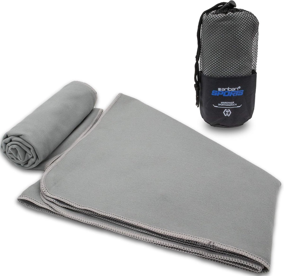 Sporthanddoek Microvezel - Sneldrogend Lichtgewicht - Fitness en Reis - Met of zonder zak - 100 x 50 cm - Grijs
