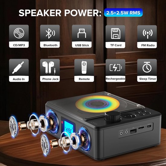 Draagbare cd-speler met luidsprekers- oplaadbare Bluetooth cd-speler met FM-radio en afstandsbediening - MP3/USB/TF afspeelbaar met stereogeluid - Slaaptimer/lcd-display/koptelefoonaansluiting — afbeelding 2