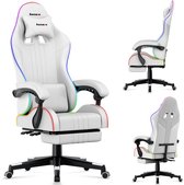 Collage van een witte Huzaro gamestoel met RGB LED-verlichting, diverse aanzichten en close-ups.