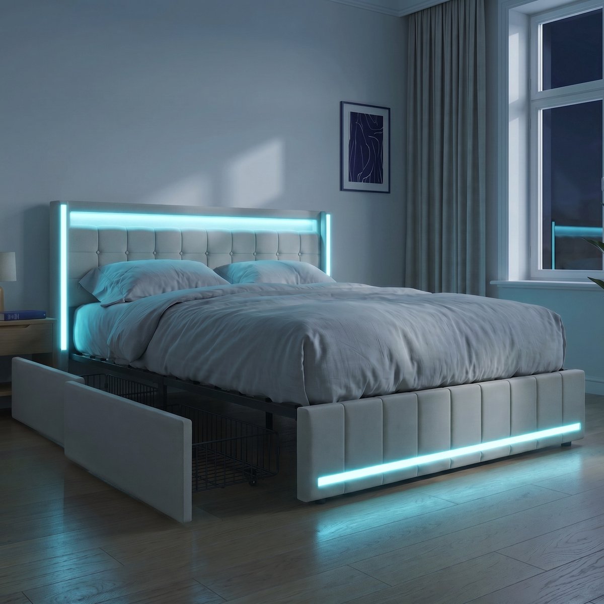 Opbergbed 160x200 cm met 4 lades en Lattenbodem - Gestoffeerd Tweepersoonsbed met USB en RGB LED - Linnen - Modern - Beige