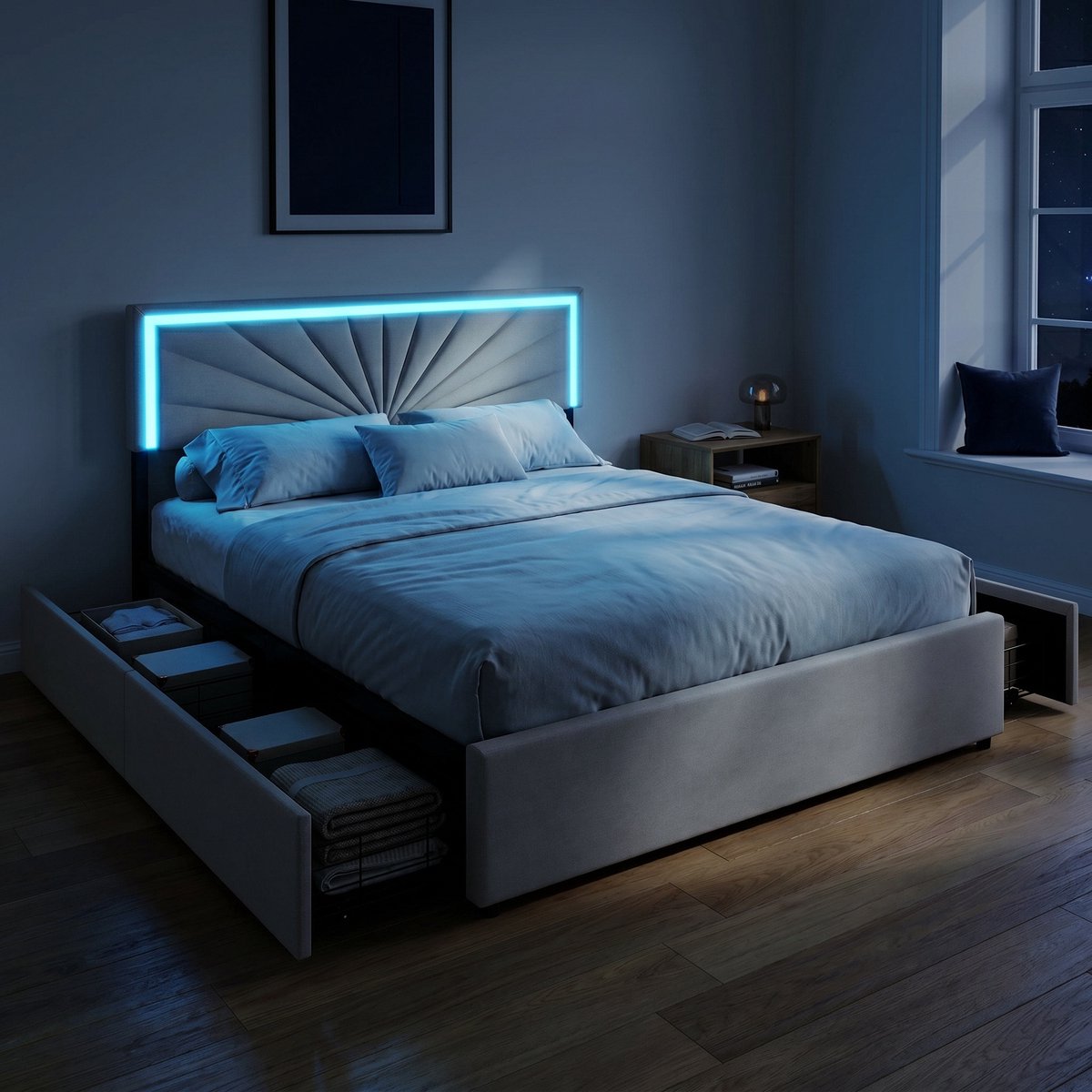Mofor Opbergbed met 4 lades - Tweepersoonsbed 160x200 cm - RGB LED - Lattenbodem en Verstelbaar hoofdbord - Gestoffeerd bed linnen - Beige