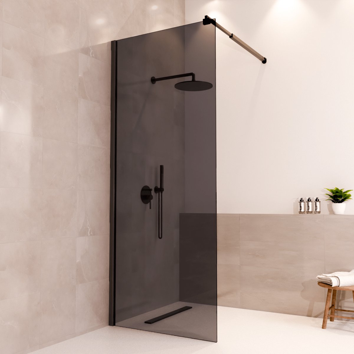 Lomazoo Douchewand Lima - 80x200 Cm - Inloopdouche Zwart - 8 Mm Rookglas - Nano Coating Anti Kalk