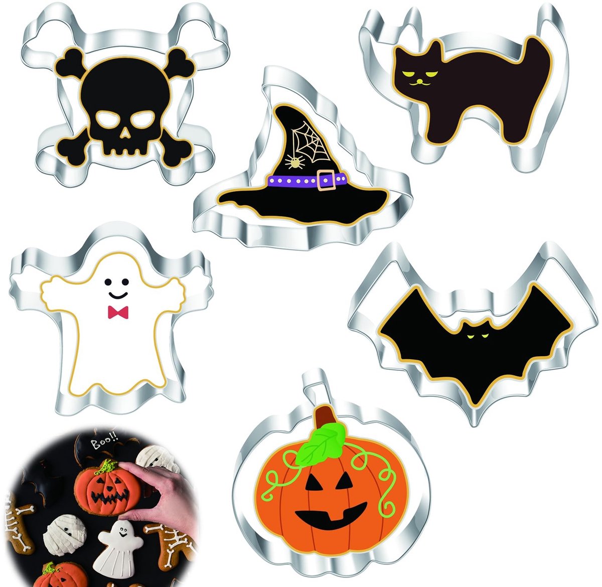 Dailygoods- Koekjesuitsteekvormpjes 6 Stuks - Roestvrij Staal - Duurzaam - Gemakkelijk te Reinigen - Voor Feestelijke Desserts - Griezelig Ontwerp - Koekjesvormpjes