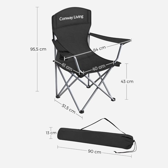 Conway Living® XXL Campingstoel - Opvouwbaar - Set van 2 - tot 150 kg- Hoge Rugleuning - vouwstoel - outdoor - met armleuningen- Visstoel Klapstoel - met Draagtas - Zwart — afbeelding 3
