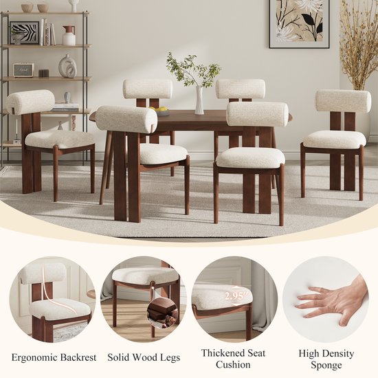 Collage van eetkamerstoelen met ergonomische rugleuning, massief houten poten en verdikt zitkussen.
