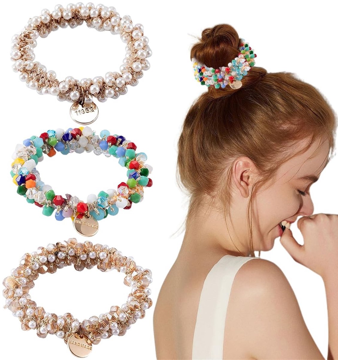 Dailygoods- Haarelastiekjes 3 Stuks - Elastisch - Kunstparels - Zacht Materiaal - Rekbaar - Beschermt Haar - Haarband