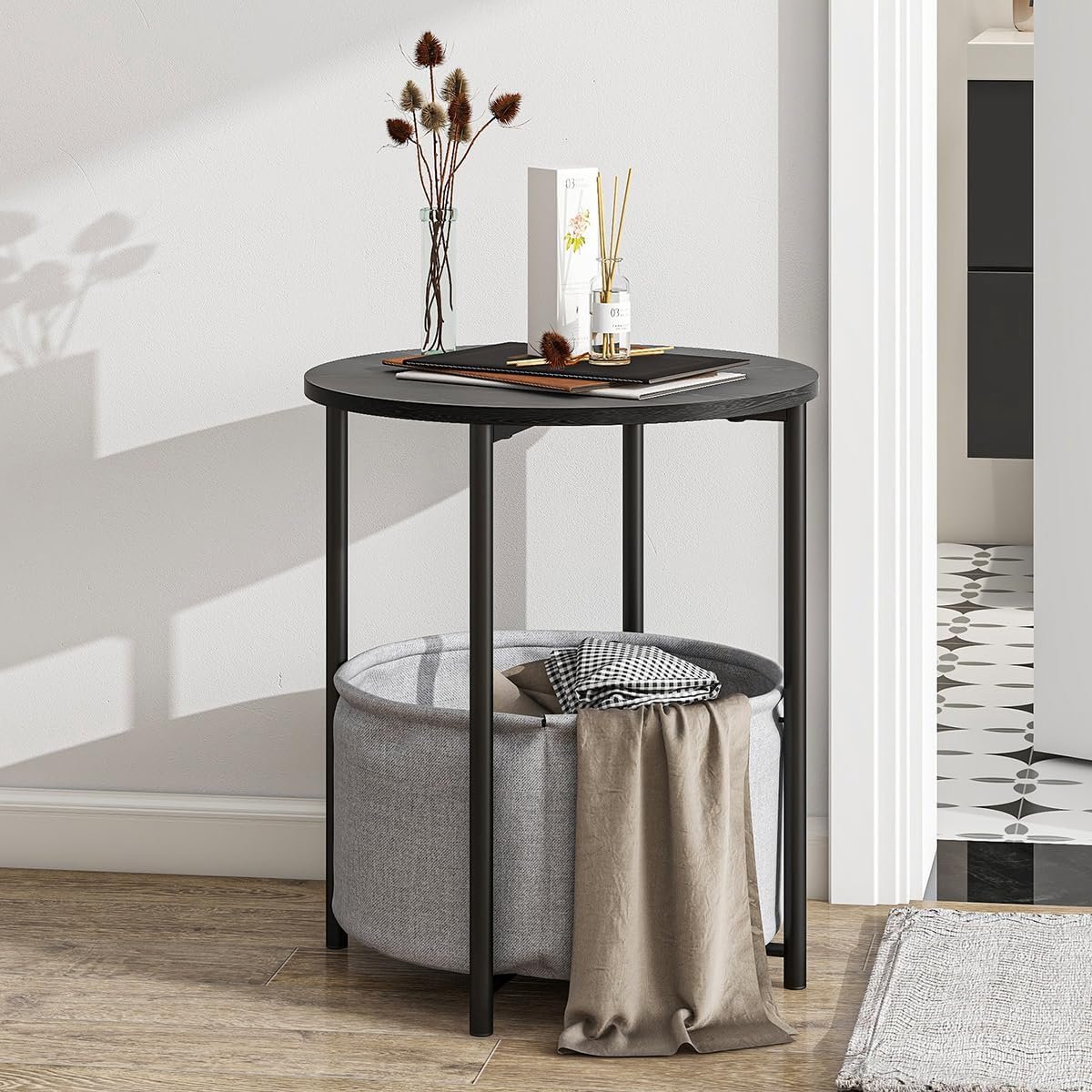 Ronde salontafel - Bijzettafel met opslag - Woonkamer organiseren - Dubbellaags opbergsysteem - 45.5 cm diameter - Zwart
