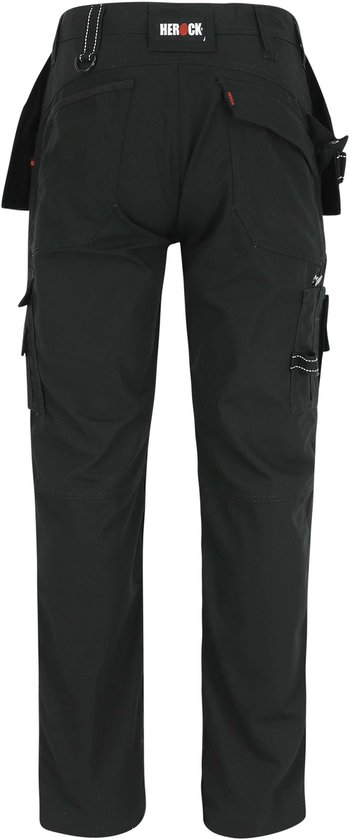 Zwarte werkbroek met bretels, gezien vanaf de achterkant, met Herock logo.