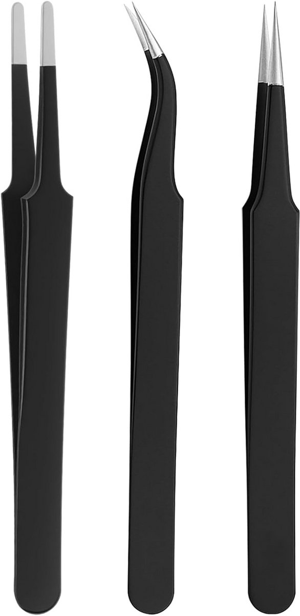 Pincetten Set - Precisie Pincetten - Fijnmechanisch Werk - ESD Veilig - 12 cm - Zwart
