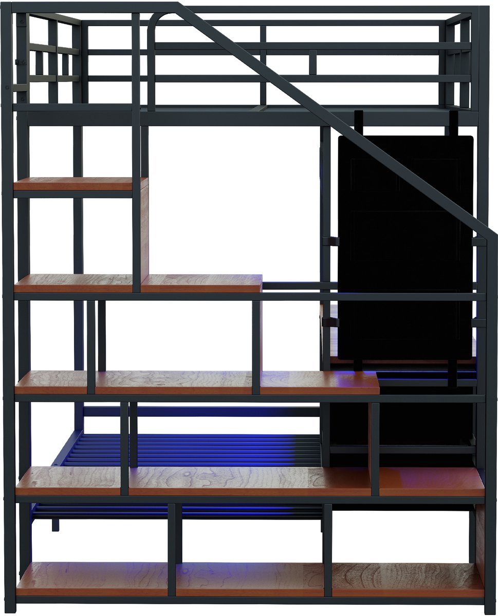 DESMIU Metalen Stapelbed 140x200 cm Zonder Matras – Hoogslaper Met Bureau, Lichtlijst En Opbergruimte – Voor Jeugdkamer – Zwart