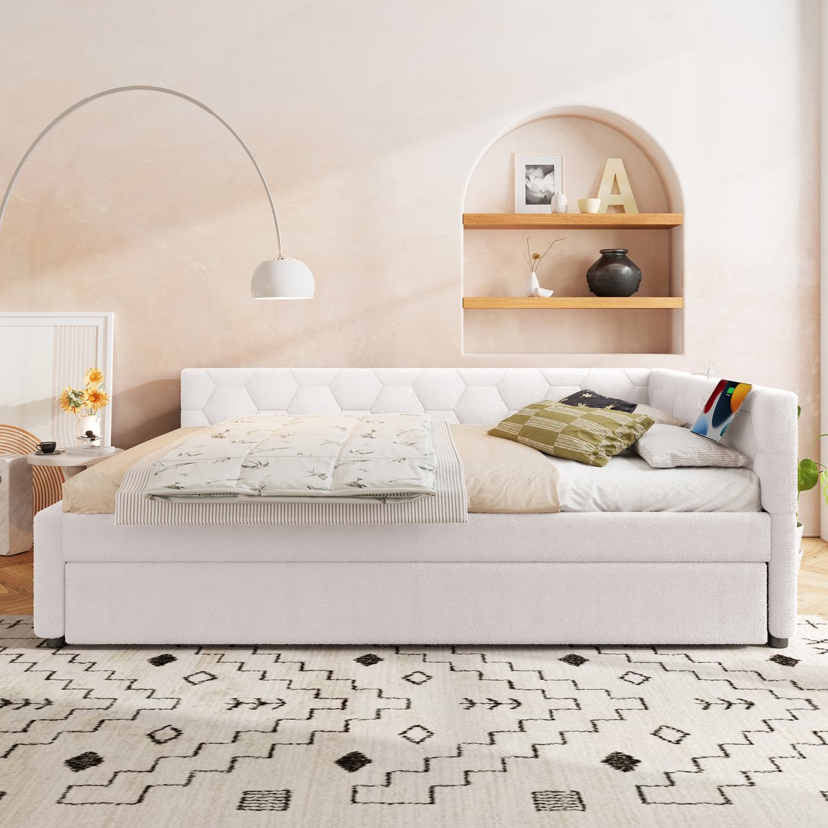 DESMIU Gestoffeerd Bed 140x200cm – Dagbed Met Leeslamp & Oplaadfunctie – Uitrolbed Voor Extra Slaapruimte – Voor Jeugdkamer – Zacht Vliesimitatie – Wit – Zonder Matras