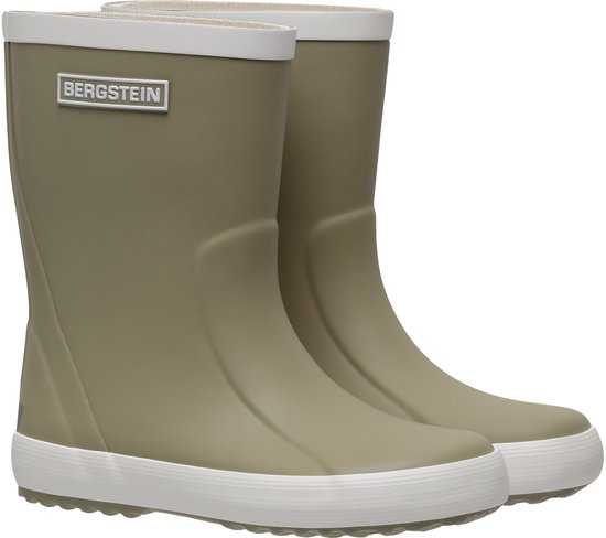 Paire de bottes de pluie vertes avec logo Bergstein, semelles et bordures blanches.
