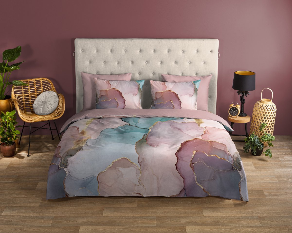 Good Morning dekbedovertrek marmer print - Lits jumeaux 240x200/220 cm - Roze - 100% Katoen renforce