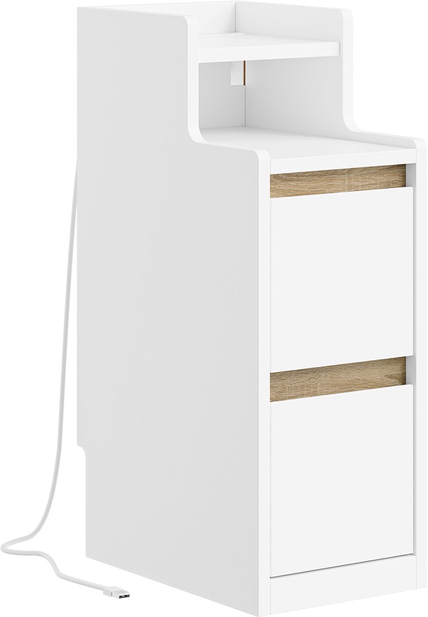 SoBuy Nachttafel met 2 lades en open bovenplank - Wit met licht eiken nachtkastje voor slaapkamer - Lades met metalen uittreksystemen en accentstrook - Modern design | FBT178-E-WN