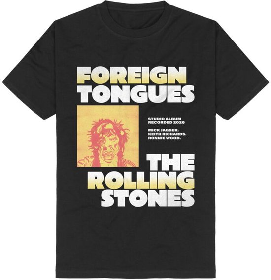 Zwart T-shirt met The Rolling Stones Foreign Tongues graphic en namen van bandleden.