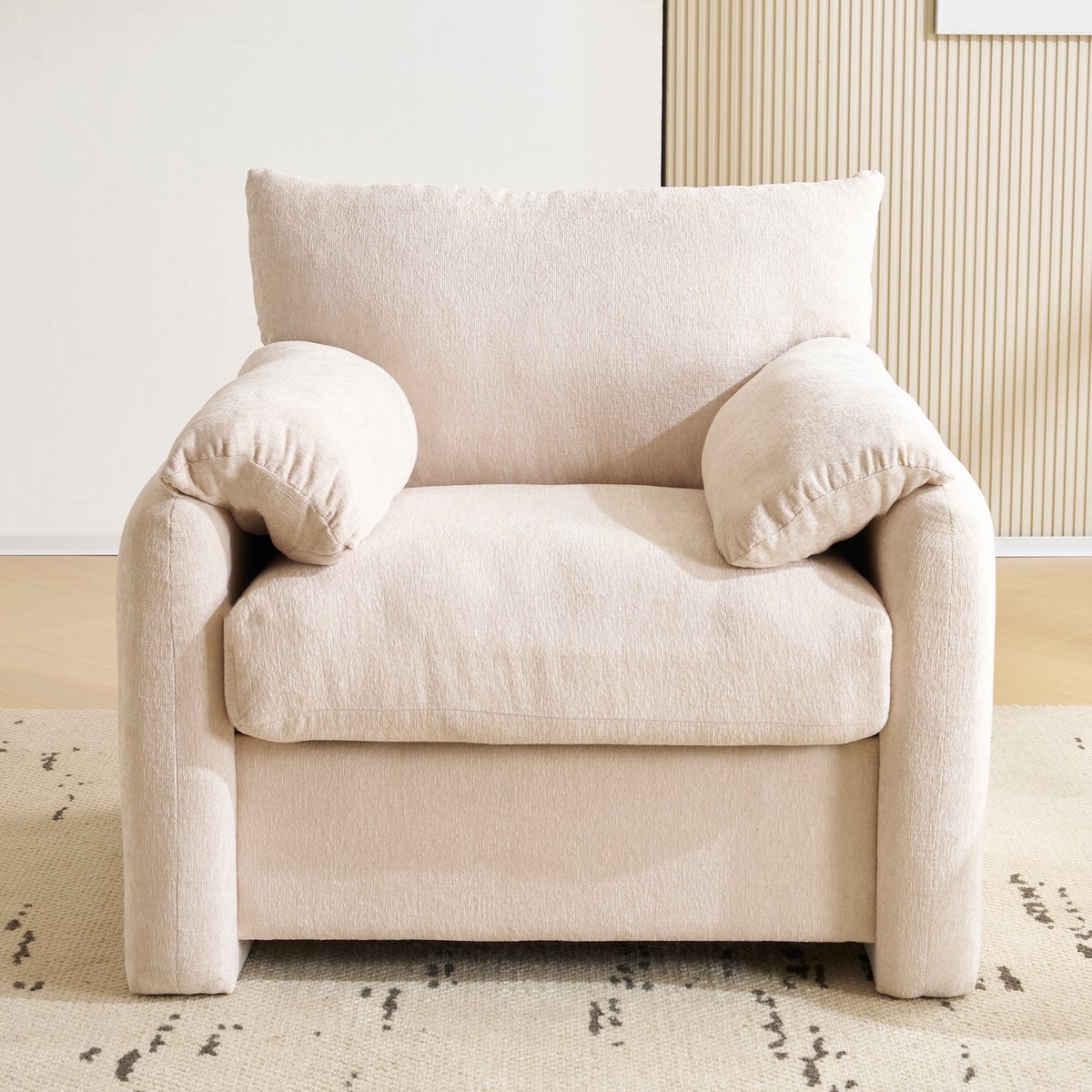 Extra grote chenille fauteuil - voor woonkamer en slaapkamer - 1-persoons - beige, grijs, olijfgroen - extra brede zitting (96 cm) - hochelastisch schuim - massief houten en ijzeren frame tot 150 kg