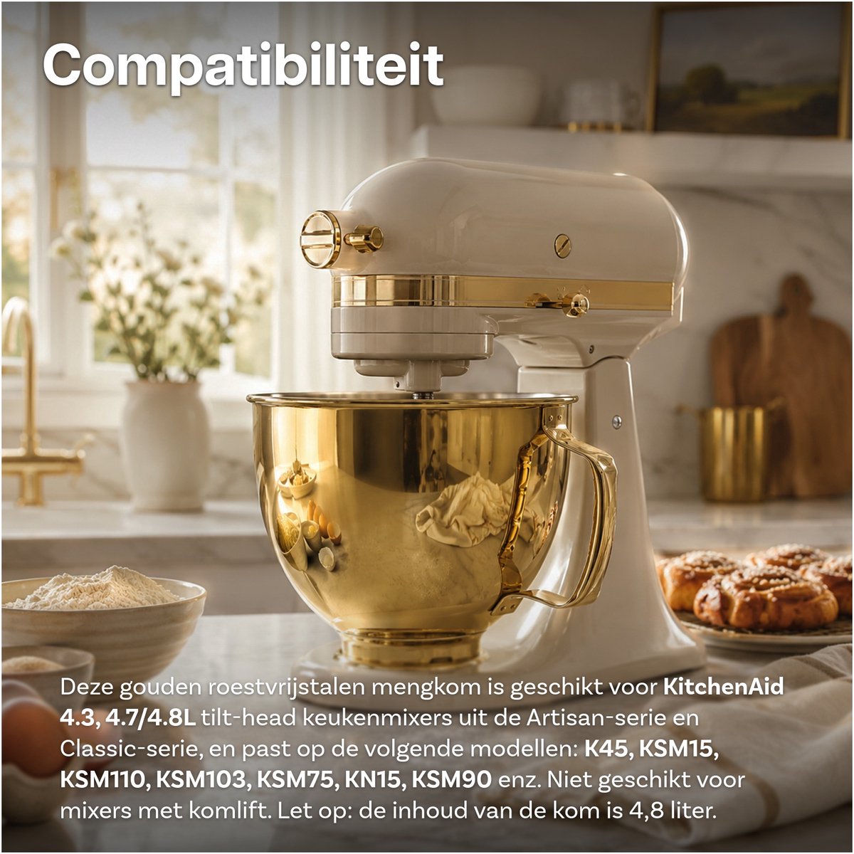 Roestvrijstalen Mengkom voor KitchenAid 4.3, 4.7/4.8L Tilt-Head Stand Mixers Artisan & Classic Series van MMOBIEL - 4.8L Kom RVS met Handvat – Vaatwasmachinebestendig – Goud thumbnail 5