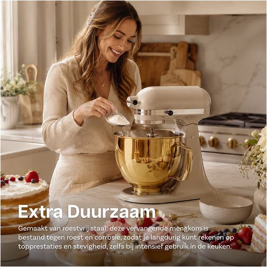 Roestvrijstalen Mengkom voor KitchenAid 4.3, 4.7/4.8L Tilt-Head Stand Mixers Artisan & Classic Series van MMOBIEL - 4.8L Kom RVS met Handvat - Vaatwasmachinebestendig - Goud — afbeelding 4
