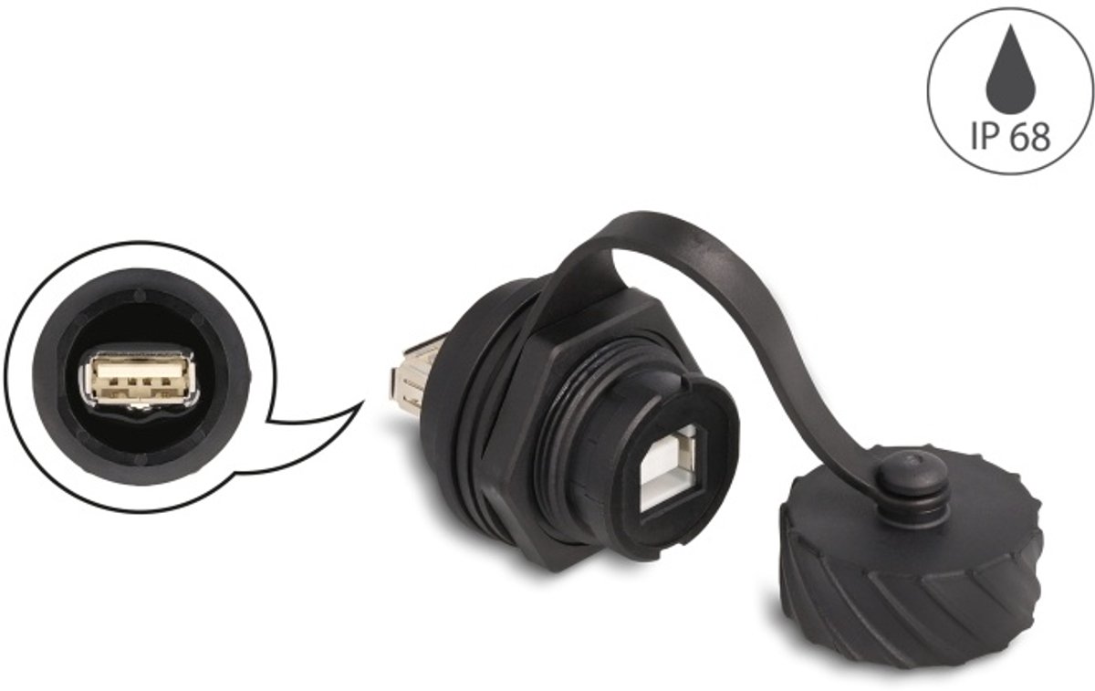 Delock Cable Connector USB 2.0 Type-B female to USB 2.0 Type-A female for installation with bayonet protective cap IP68 dust- and waterproof black