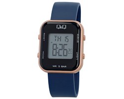 Q&Q model M207j009y-(sport) horloge-Digitaal-stopwatch-donkerblauw siliconen band -datum-5 bar waterdicht-2 tijden-alarm-timer
