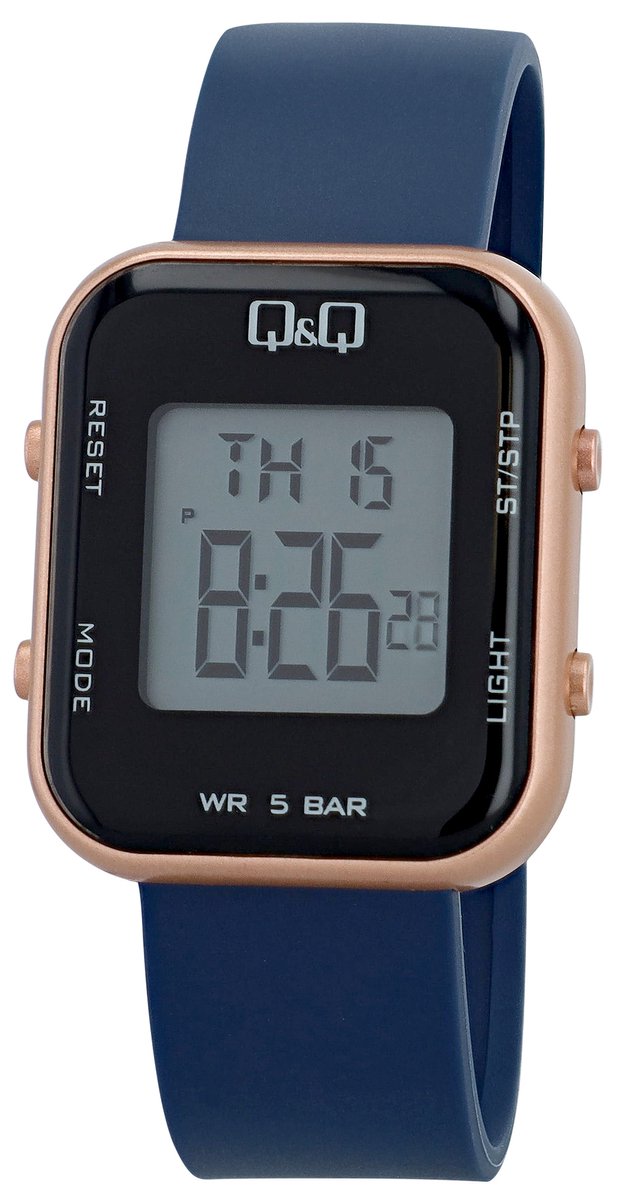 QQ model M207j009y-(sport) horloge-Digitaal-stopwatch-donkerblauw siliconen band -datum-5 bar waterdicht-2 tijden-alarm-timer