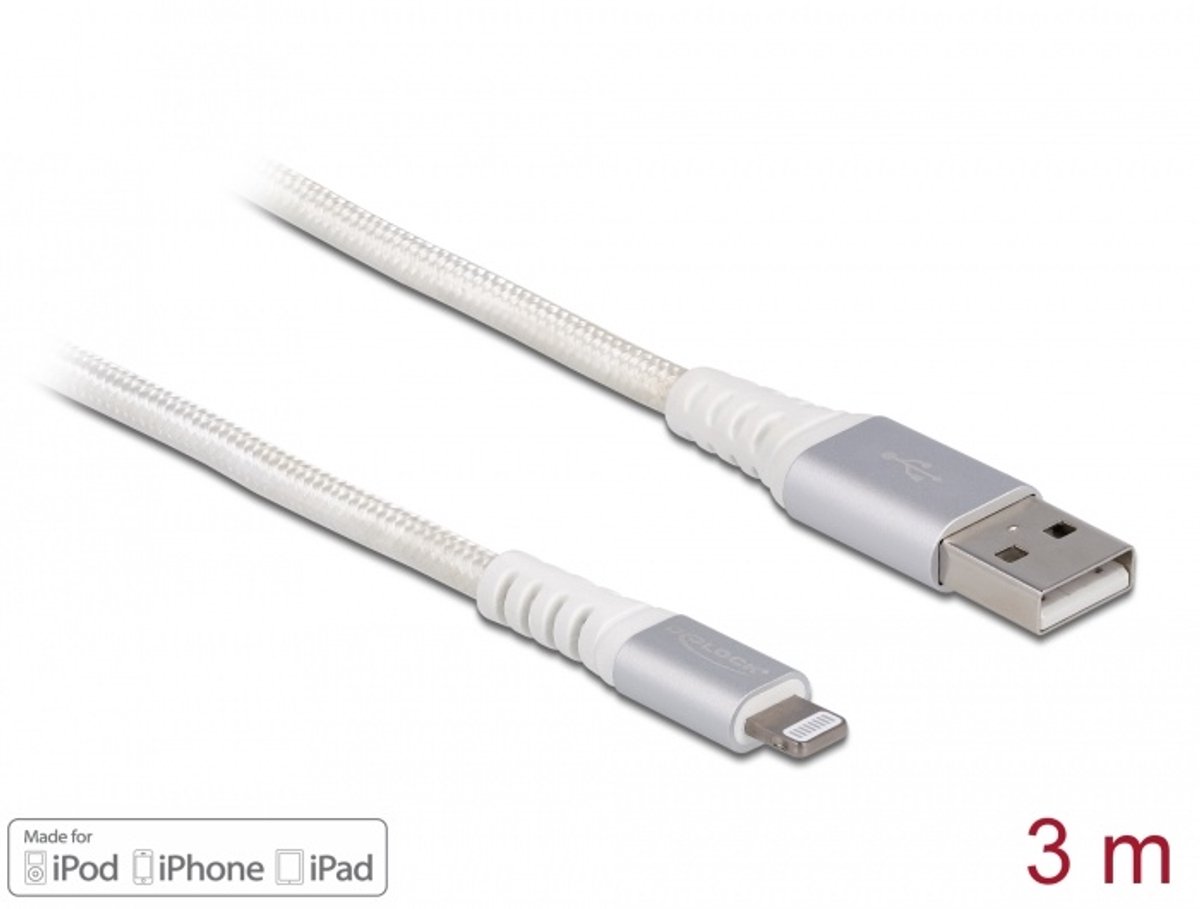 USB -gegevens en stroomkabel voor iPhone, iPad, iPod DuPont Kevlar® White 3 m
