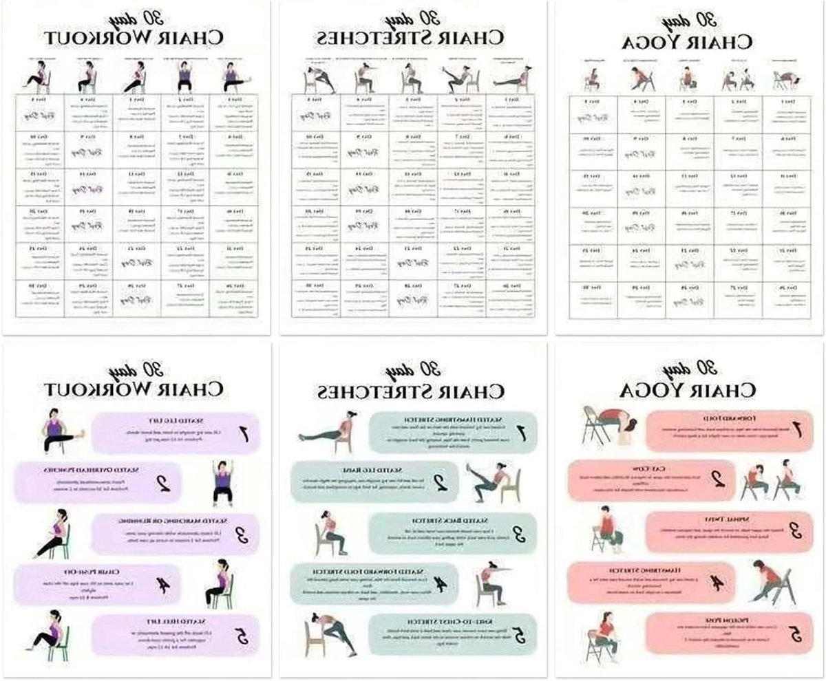 Stoelyoga Posters - Fitnesskaarten - Thuis Trainen - Begeleide Oefeningen - 6 Stuks - Meerkleurig