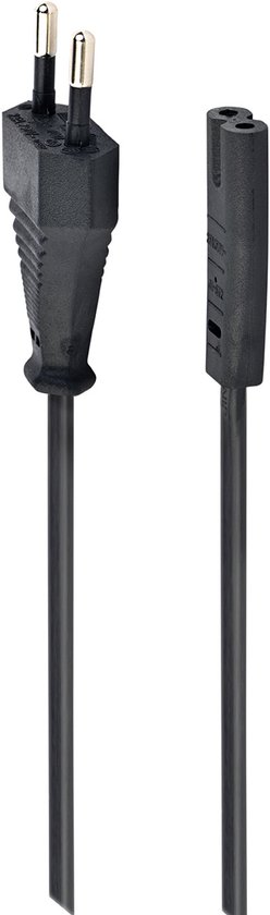 Zwarte stroomkabel met een rechte C7 connector en een Eurostekker.