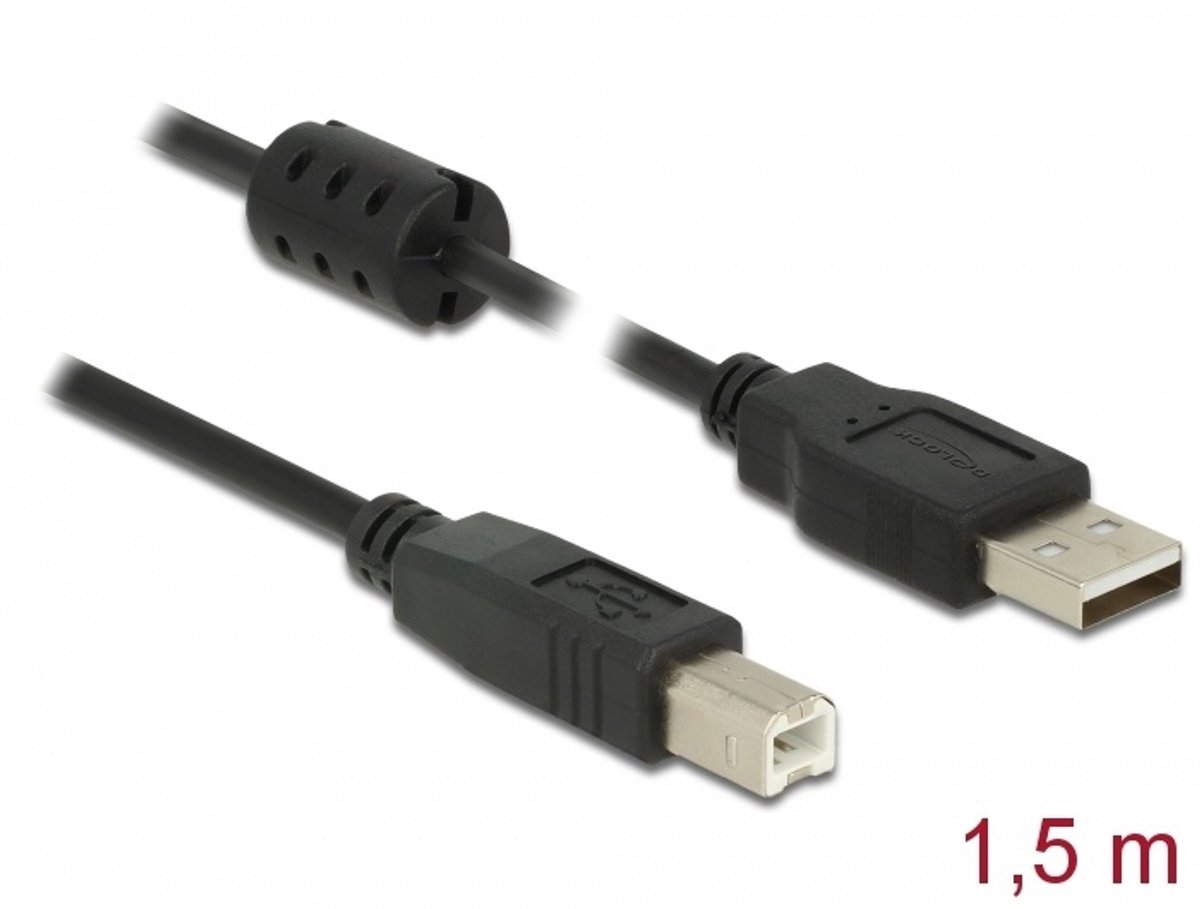 Delock USB-kabel USB 2.0 USB-A stekker, USB-B stekker 1.50 m Zwart Met Ferrietkern 84896