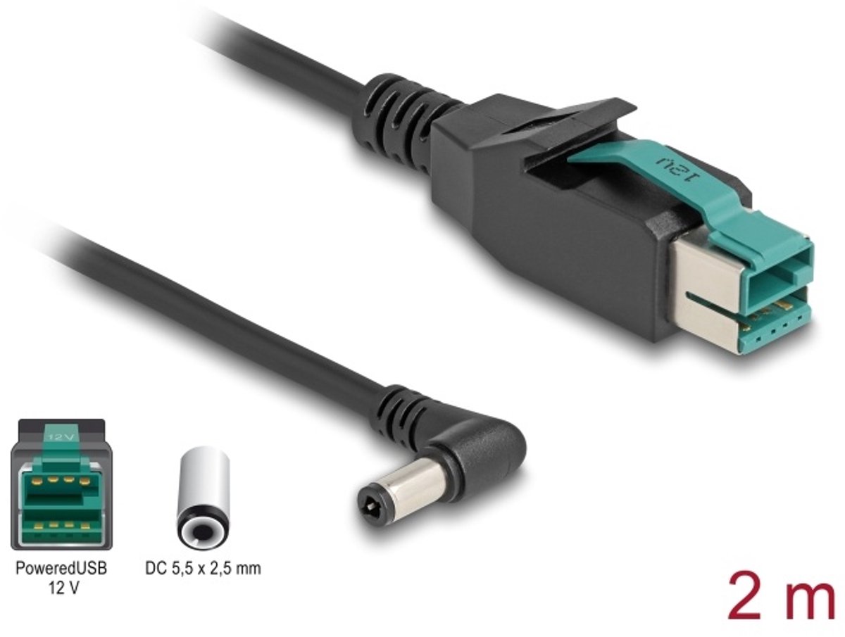 Delock PoweredUSB cable male 12 V to DC 5.5 x 2.5 mm male angled 2 m
