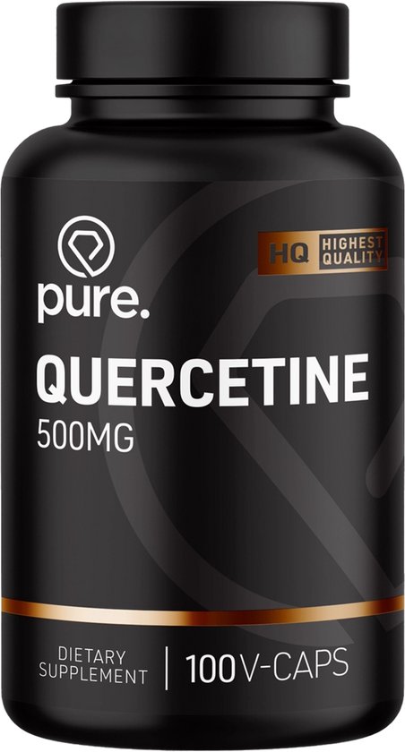 Zwarte fles met label. Pure. Quercetine 500MG 100 V-CAPS. Dieetsupplement.